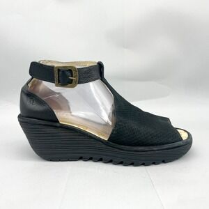 Fly London Womens 41 10 Black Leather Perforated Wedge Sandals Peep Toe Boho